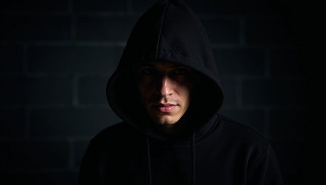 Criminal man with hooded appearance gazes at dangerous backdrop