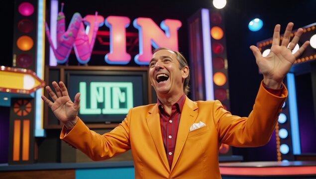 Nostalgic retro game show host celebrates winning moment on TV