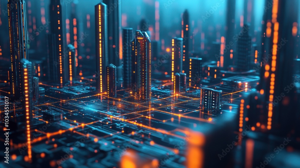Poster futuristic cityscape with blockchain elements and digital connectivity. abstract landscape of future
