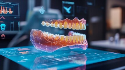 A 3D rendering of a human jaw featuring teeth is showcased on a high-tech digital interface in a contemporary dental clinic. The environment is well-lit, highlighting advanced dental technology.
