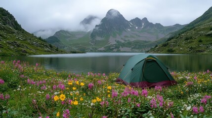 Peaceful Camp by a Serene Mountain Lake
