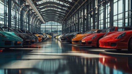 Luxurious Airport Car Rental Showroom - A modern, well-lit car showroom at an airport featuring a variety of luxury vehicles for rent or sale.