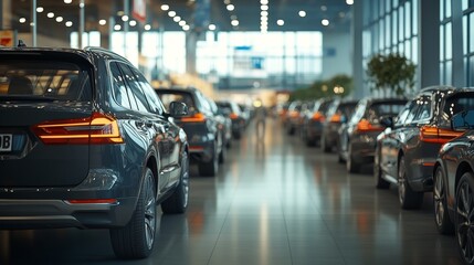 Fototapeta premium Luxurious Airport Car Rental Showroom - A modern, well-lit car showroom at an airport featuring a variety of luxury vehicles for rent or sale.