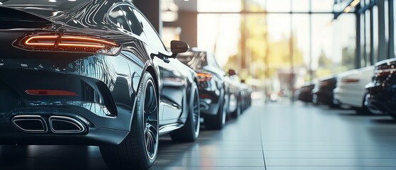 Luxurious Airport Car Rental Showroom - A modern, well-lit car showroom at an airport featuring a variety of luxury vehicles for rent or sale.