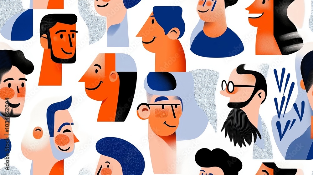 Aufkleber seamless pattern of smiling male faces with various expressions and styles, capturing a lively and c
