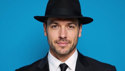 A man donning a black suit  hat stands against a blue backdrop