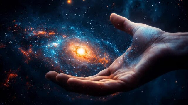 Universe shining in hand palm, cosmos galaxy nebula, science exploration concept