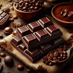 Rich dark chocolate bars paired with roasted coffee beans on a rustic surface