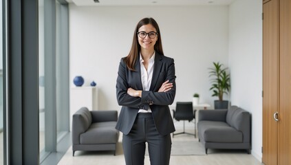 Professional businesswoman smiles in office setting