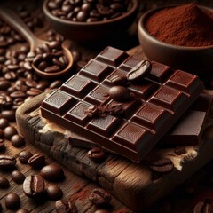 Rich dark chocolate bars paired with roasted coffee beans on a rustic surface