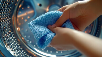 Cleaning washing machine with microfiber cloth: A close-up of a hand gently cleaning the inner door and inside of a washing machine using an extra soft microfiber cloth.