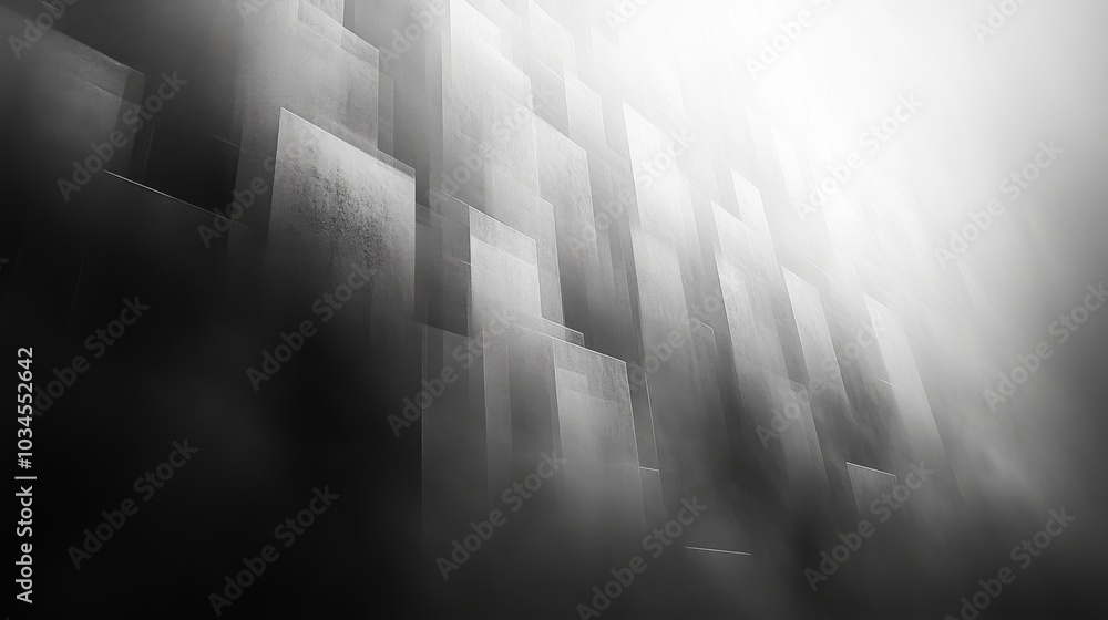 Poster The composition features a textured wall made up of layered rectangles in grayscale, illuminated by a bright light, creating a mysterious atmosphere.