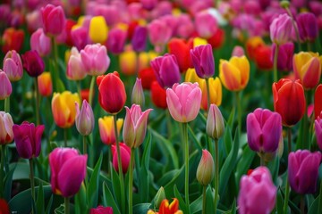 A vibrant field of tulips in various colors blooming under the spring sun in a public garden, attracting visitors and pollinators during a sunny day in mid-April