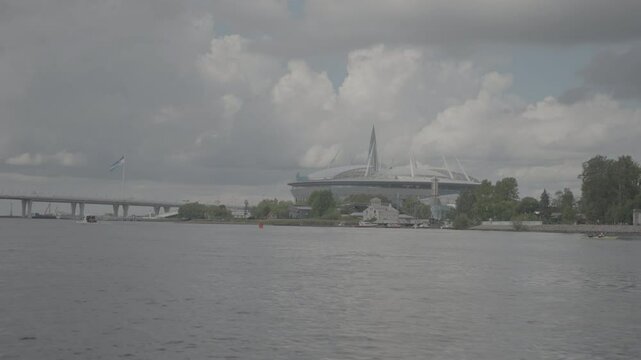 Establishing shot at the Gazprom Arena stadium, view from the Neva River. S log3
