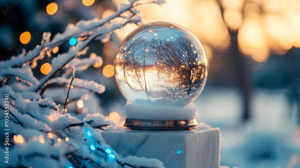 Poster A snow globe captures an enchanting winter landscape with shimmering trees adorned with soft lights. The warm glow of sunset reflects beautifully, enhancing the magical ambiance of the season.