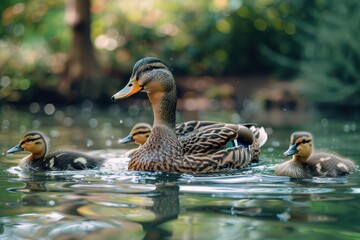 A mother duck swims gracefully with her two ducklings in a serene pond surrounded by lush greenery on a sunny day