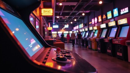 Illustration depicts a neon-lit arcade center for retro gaming fun
