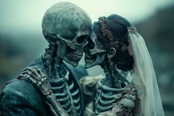 A beautifully cinematic Halloween-themed scene of a skeleton bride and groom