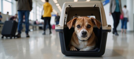 A cute dog is depicted with a pet carrier at a busy airport terminal