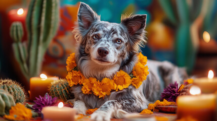 Border Collie with Marigold Flower Crown for Day of the Dead