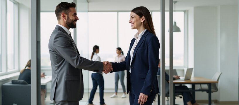 Modern office business handshake scene among colleagues