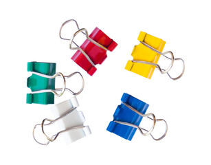 set of  colorful binder clips isolated on white. shot with high angle view