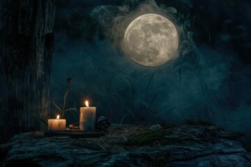 A quiet evening by the fire under a full moon, featuring a person in traditional attire engaged in reflection in a serene forest setting
