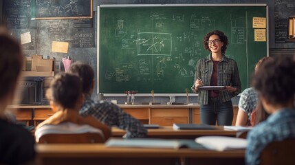 A teacher engages students in a dynamic classroom discussion about science concepts during a sunny afternoon in a high school