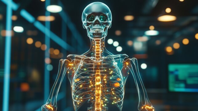 A glowing skeleton model stands in a darkened science lab, showcasing the intricacies of the human anatomy - Powered by Adobe
