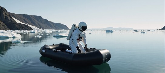 Naklejka premium Astronaut in spacesuit on floating raft amidst icy waterscape