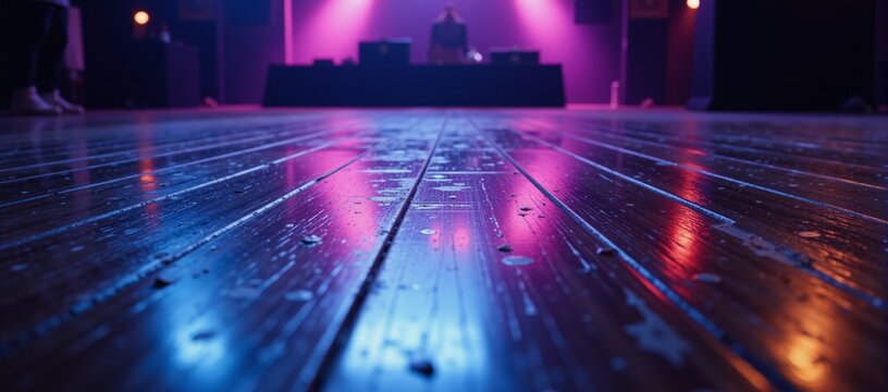 Neon-lit empty rave dance floor at nighttime