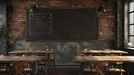 Blank chalkboard wall in rustic cafe or classroom setting