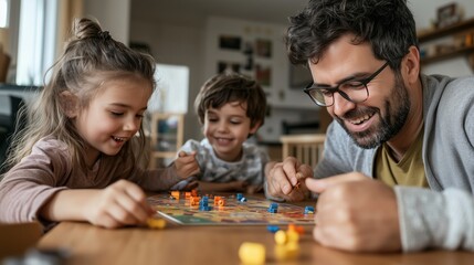 Fototapeta premium Family game night at home with kids enjoying board games while a father smiles, capturing a joyful moment of togetherness