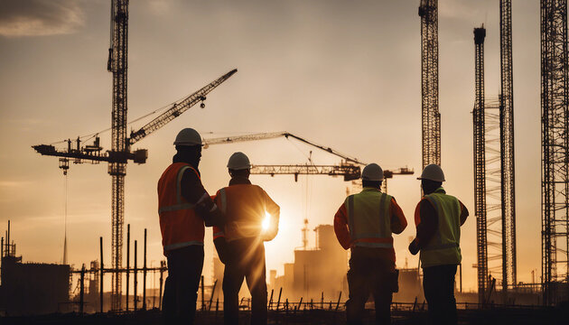 Silhouettes of engineer and construction team working with blurred crane background.