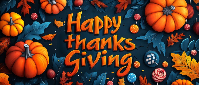 Happy Thanksgiving greeting with festive pumpkins, autumn leaves, and vibrant decorations, 3D typography on dark background, celebration and harvest theme.
