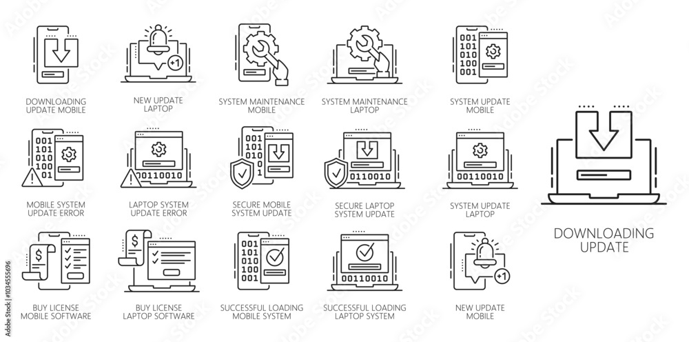 Aufkleber Update software app line icons for computer or mobile phone application, vector pictograms. Update software app line icons of upgrade installation progress bar, system new OS version download process