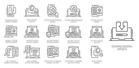 Update software app line icons for computer or mobile phone application, vector pictograms. Update software app line icons of upgrade installation progress bar, system new OS version download process
