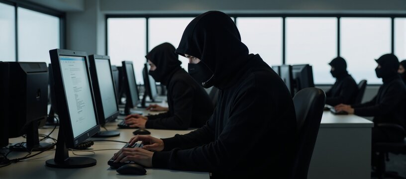 Call Center Scammers Criminals in masks and headsets at work with computers