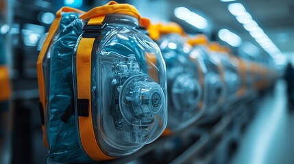 A series of transparent air masks are organized on a rack inside a well-lit facility, highlighting their design and storage during the day.