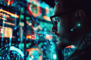 A person uses a tablet to analyze digital data displayed on a futuristic interface featuring a world map and various metrics at night in a high-tech environment