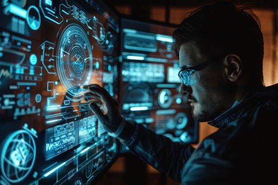 A person uses a tablet to analyze digital data displayed on a futuristic interface featuring a world map and various metrics at night in a high-tech environment