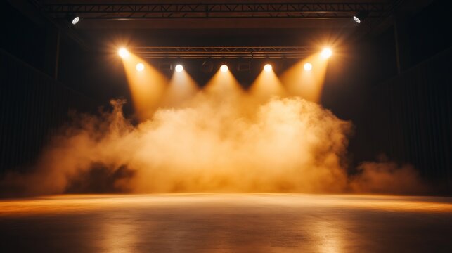 Illuminated stage with dramatic lighting and fog effects during a performance at a local theater in the evening.