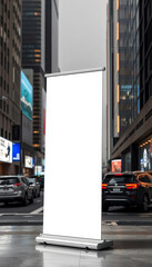 Advertising Stand Banner empty rollup poster mockup template, Luxury modern city.