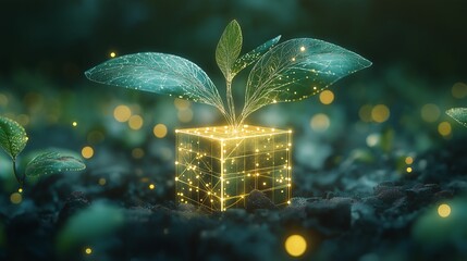 holographic green plant made of lines and nodes, holding a box on its leaves