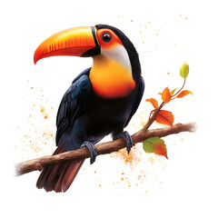 Colorful toucan perched on a branch against a white background.