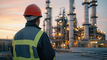 Industrial Worker at Sunset Near Refinery Equipment