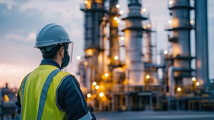 Worker Observes Industrial Plant at Dusk