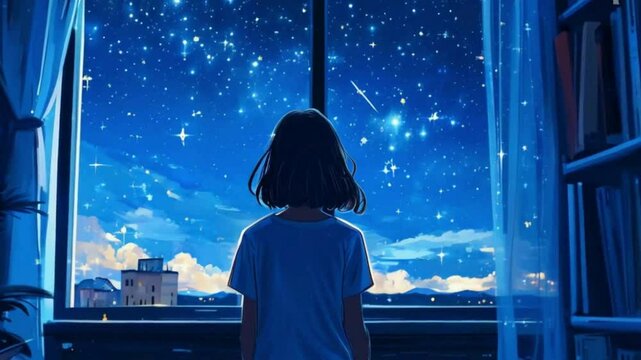 Anime girl stand in window with night sky 