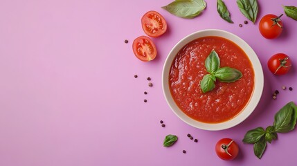 Delicious tomato sauce and components in a bowl with a lavender backdrop.