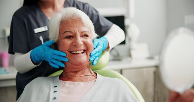 Senior, woman and dentist hands for checkup of dental cleaning, teeth whitening and hygiene results. Patient, orthodontist and veneer implant, cosmetic dentures and inspection of oral healthcare